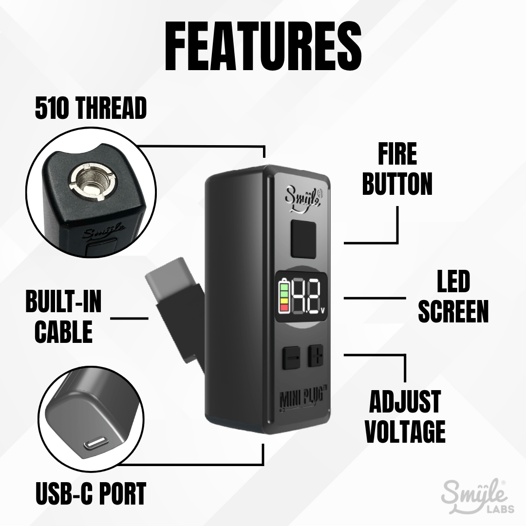 Mini Plug (20-PACK) 510 Cart Battery with Built-in USB-C Cable, Adjustable Voltage, LED Display