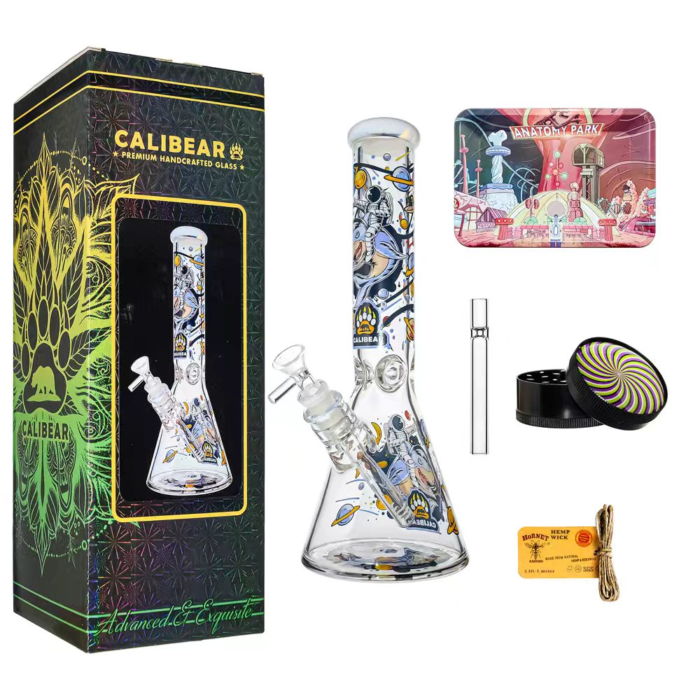 7MM GLASS BEAKER WATER PIPE COMBO BOX W/DESIGNED CALIBEAR BRAND DECAL